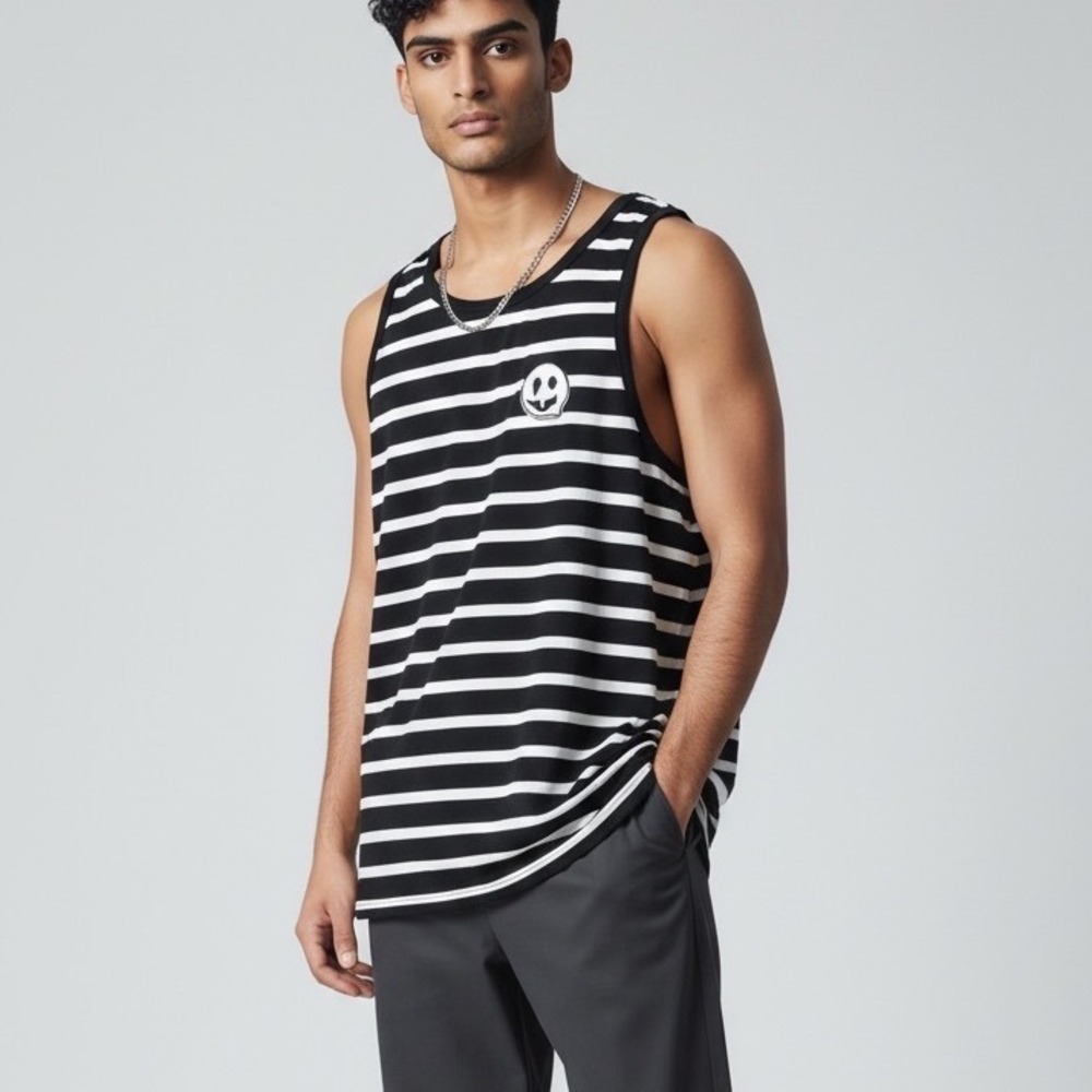 PacSun Mens Black White Striped Melting‎ Smiley Face Patch Tank Top Small